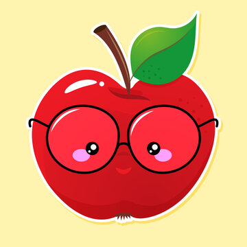 Smart, nerd Red apple with eyeglasses - kawaii illustration design. Good for clothes, gift sets, photos or motivation posters. Intelligent red apple with one leaf and highlights on yellow background. 