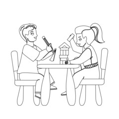 On Kid Furniture Play Little Boy And Girl Black Line Pencil Drawing Vector. Children Playing With Construction On Kid Furniture In Kindergarten. Brother And Sister Creative Time Illustration
