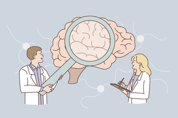 Research of human brain concept. Young man and woman doctors scientists standing looking at huge human brain making notes together vector illustration 