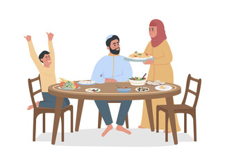 Family eating dinner together semi flat color vector characters. Full body people on white. Traditional Ramadan meals isolated modern cartoon style illustration for graphic design and animation