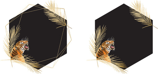 Polygonal abstract gold frame with tiger and black background