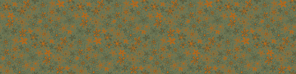 Tropical ditsy scribbled doodle flower vector seamless border background. Dense millefleur style hand drawn florals ochre sage green banner. Retro seventies dense design. Great for edging, ribbon