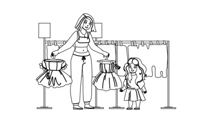 Girl Kid Shopping And Choose Dress In Store Black Line Pencil Drawing Vector. Mother And Kid Shopping In Shop And Choosing Beautiful Clothing. Characters Mom And Child Seasonal Discount Illustration