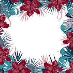 Fototapeta na wymiar Jungle Party background with hibiscus flowers and exotica tropical leaves. Floral tropical frame. Vector illustration