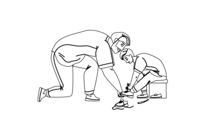 Father With Son Try On Shoes In Kid Store Black Line Pencil Drawing Vector. Man Help Boy Choosing Footwear In Clothes Kid Store. Parent With Kid Buy Footwear In Shop, Season Sales Illustration