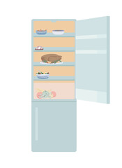 Open door refrigerator semi flat color vector object. Full sized item on white. Kitchen appliance. Keeping products cold isolated modern cartoon style illustration for graphic design and animation