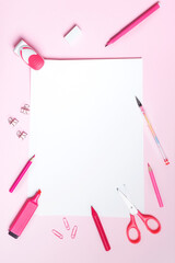 School or office supplies on pink background. Concept back to school