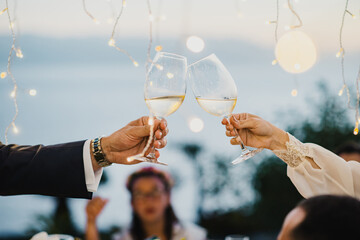 Newlyweds clinking glasses of champagne