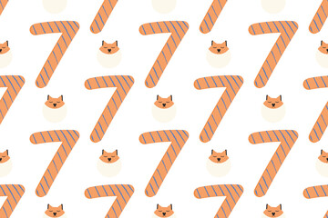Kids seamless background. Decorative childish pattern. Trendy doodle illustration. Cartoon style. Number seven.