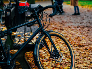 Fototapeta premium black bicycle parked in the colorful fall park among trees