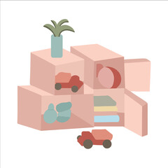 Cardboard box with toys and goods on white background illustration