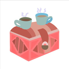 Treasure chest with hot coffee on it, flat vector design