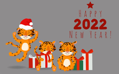 Happy New Year. 2022. Chinese symbol of the New Year 2022. Creative card design with tigers and gifts and herringbone lettering. Vector illustration for congratulations. New year banner