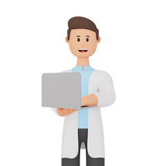 3d rendering smiling man cartoon character with laptop