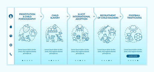Trafficking of children blue onboarding vector template. Responsive mobile website with icons. Web page walkthrough 5 step screens. Underage labour color concept with linear illustrations