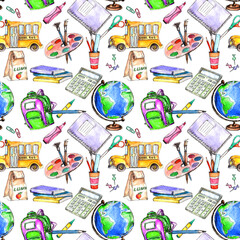 Watercolor cute back to school vintage style seamless pattern 