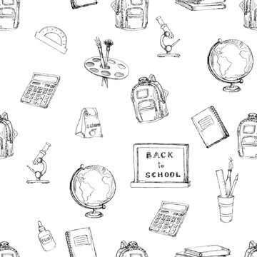 Watercolor cute back to school vintage style seamless pattern 