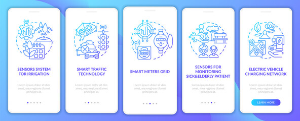 Fototapeta premium Smart city innovative projects onboarding mobile app page screen. High tech walkthrough 5 steps graphic instructions with concepts. UI, UX, GUI vector template with linear color illustrations