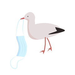 Seagull carries coronavirus face mask semi flat color vector character. Full body animal on white. Hurting wildlife isolated modern cartoon style illustration for graphic design and animation