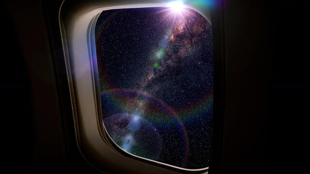Drifting out into outer space as viewed through a space vehicle window.