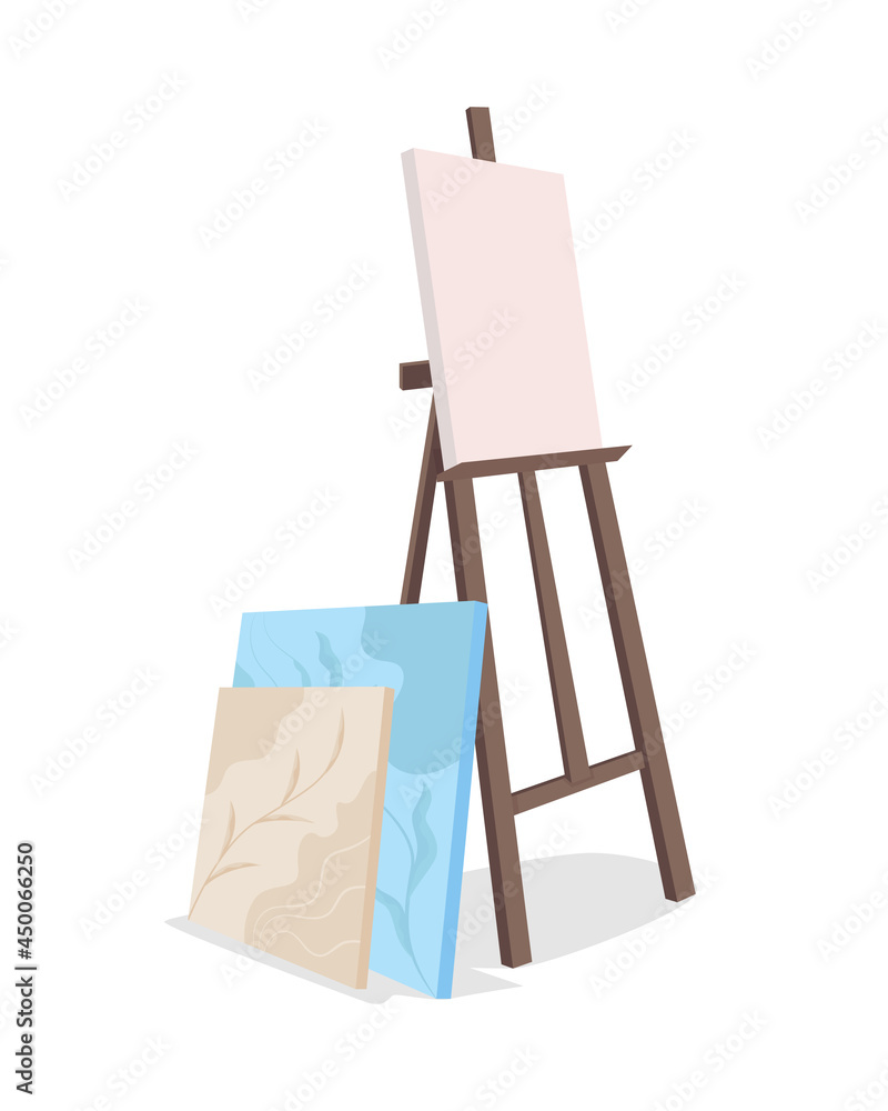 Poster easel with canvas semi flat color vector object. full sized item on white. working outdoor. holding 