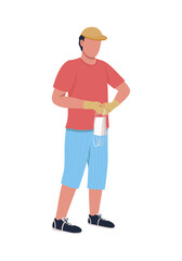Guy picks up disposable surgical masks semi flat color vector character. Full body person on white. Plastic waste disposal isolated modern cartoon style illustration for graphic design and animation