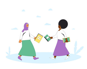 Book swap. Bookcrossing. Club members exchange. People opposite each other hold a book. Reading lovers giving a finished novels to friends.