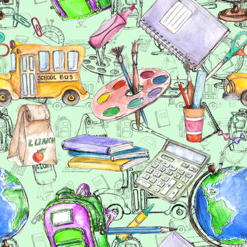 Watercolor cute back to school vintage style seamless pattern 