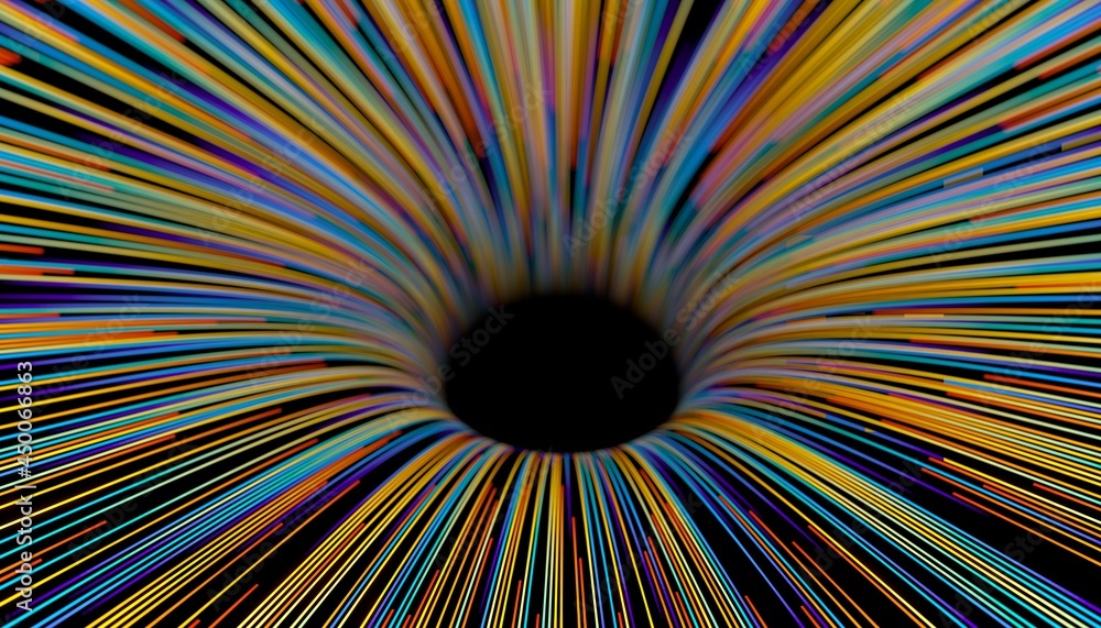 Poster abstract black hole with colorful stripes. 3d render / rendering.