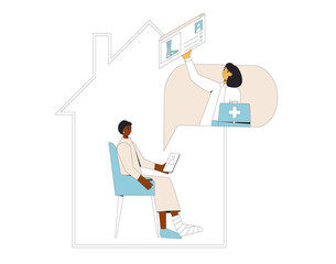 Online orthopedics medical consultation. Traumatologist with feet toe traumapatient. Telemedicine. Doctor distant advise. Health care by internet. Healthcare podiatrist services.