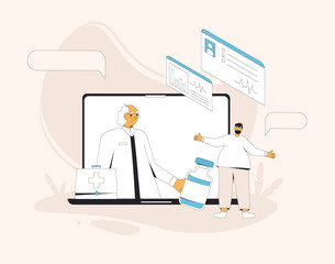 Online medical consultation. Telemedicine. Doctor distant advise. Health care by internet. Healthcare services.