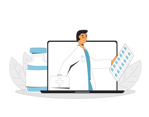 Online medical consultation. Telemedicine. Doctor distant advise. Health care by internet. Healthcare services.