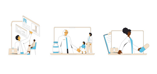 Online medical consultation set. Telemedicine. Doctor distant advise. Health care by internet. Healthcare services. Vector illustration.