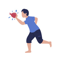 Boy throwing water bomb semi flat color vector character. Running figure. Full body person on white. Summer activity isolated modern cartoon style illustration for graphic design and animation