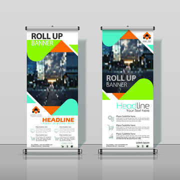 Lime Green, Orange, Blue Roll up Banner Business Design Abstract Vertical Template Vector, Cover Abstract Modern X-Banner, Brochure Flyer Banner Rectangle Size.