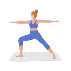 Fototapeta na wymiar Young woman in mask practicing yoga semi flat color vector character. Full body person on white. Workout for stress reducing isolated modern cartoon style illustration for graphic design and animation