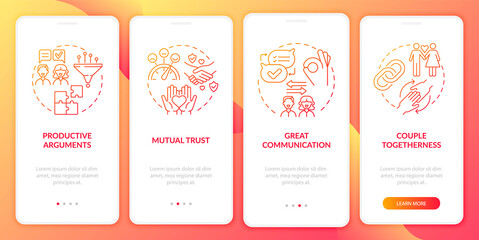 Mature relationship onboarding mobile app page screen. Couples wellbeing walkthrough 4 steps graphic instructions with concepts. UI, UX, GUI vector template with linear color illustrations