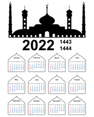 Hijri islamic calendar 2022. From 1443 to 1444, vector Muslim calendar with an Islamic mosque week starting on sunday