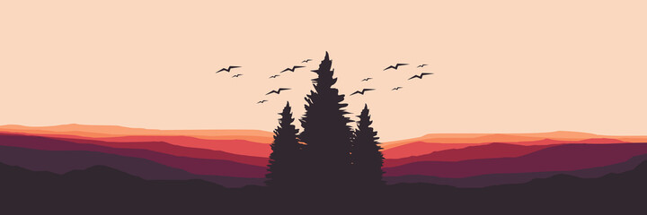 Obraz premium mountain forest sunset flat design vector banner template good for web banner, ads banner, tourism banner, wallpaper, background template, and adventure design backdrop 