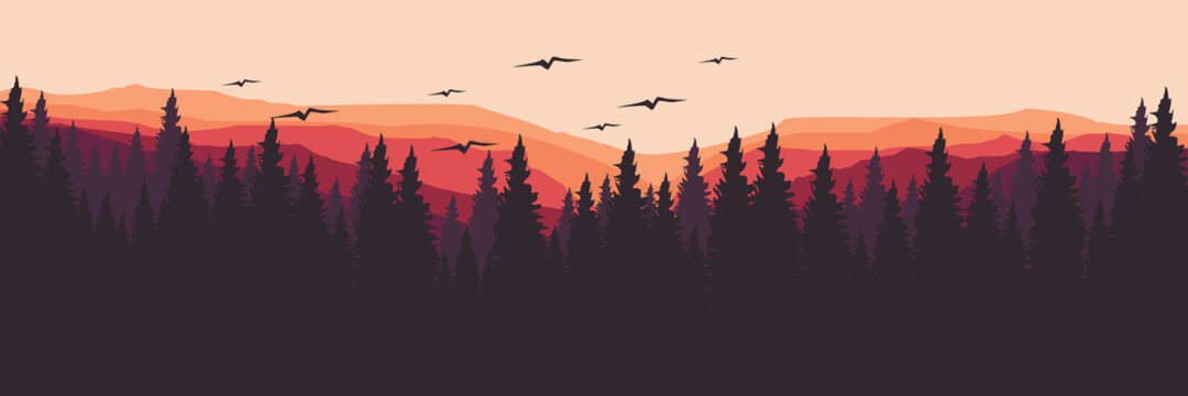 mountain forest sunset flat design vector banner template good for web banner, ads banner, tourism banner, wallpaper, background template, and adventure design backdrop	