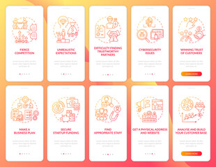 Startup launch red onboarding mobile app page screen set. Starting business walkthrough 5 steps graphic instructions with concepts. UI, UX, GUI vector template with linear color illustrations - obrazy, fototapety, plakaty