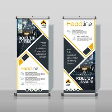 Black, Yellow, Roll up Banner Design, Construction, Business Abstract Vertical Template Vector, Cover Abstract Modern X-Banner, Brochure Flyer Banner Rectangle Size.