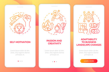 Startup launch requirements red onboarding mobile app page screen. Business walkthrough 3 steps graphic instructions with concepts. UI, UX, GUI vector template with linear color illustrations