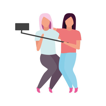 Female friends making photo with selfie stick semi flat color vector characters. Full body people on white. Friendship bond isolated modern cartoon style illustration for graphic design and animation