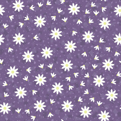 Fototapeta na wymiar Chamomile seamless pattern. Abstract background with white daisies. Pattern for textiles, fabrics, bed linen, wallpaper. Decorative purple, lilac print for design with chamomile and daisies. Vector
