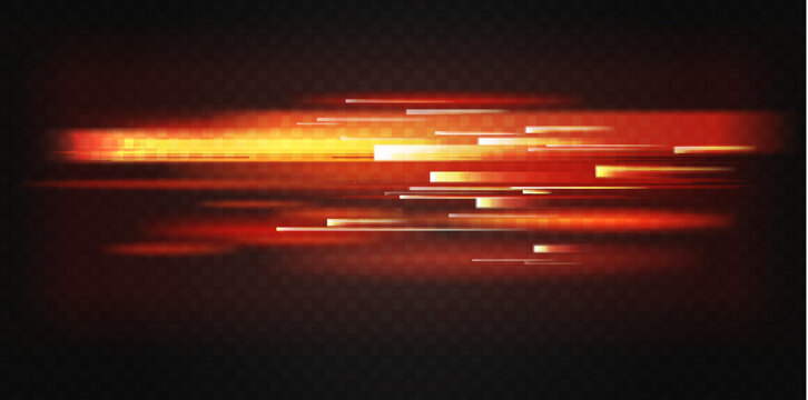 Red light fast motion, speed lines movement abstract fusion effect vector illustration. Futuristic horizontal line blur texture of speedy transportation, graphic action stripes on dark background
