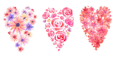 Watercolor illustration with various decorative flowers and leaves