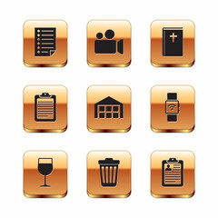 Set Document, Wine glass, Trash can, Warehouse, Clipboard with document and Holy bible book icon. Vector