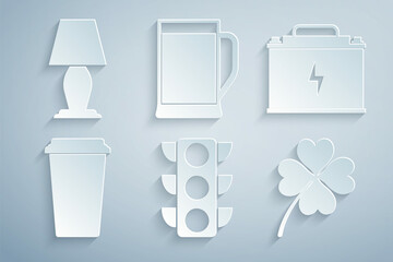 Set Traffic light, Car battery, Coffee cup, Four leaf clover, Glass beer and Table lamp icon. Vector