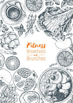 Fitness breakfasts and brunches top view frame. Healthy food menu design. Vintage hand drawn sketch vector illustration. Engraved style image. Fruits and vegetables for vegetarian breakfast.